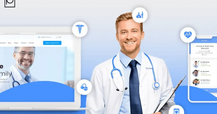 Doctor in a white coat smiling, holding a clipboard, with healthcare icons and a computer screen displaying a medical website, representing digital solutions for healthcare providers.