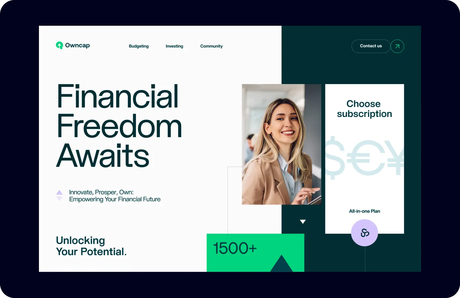 Smiling woman in business attire promoting financial services, highlighting themes of financial freedom and empowerment on a professional website.