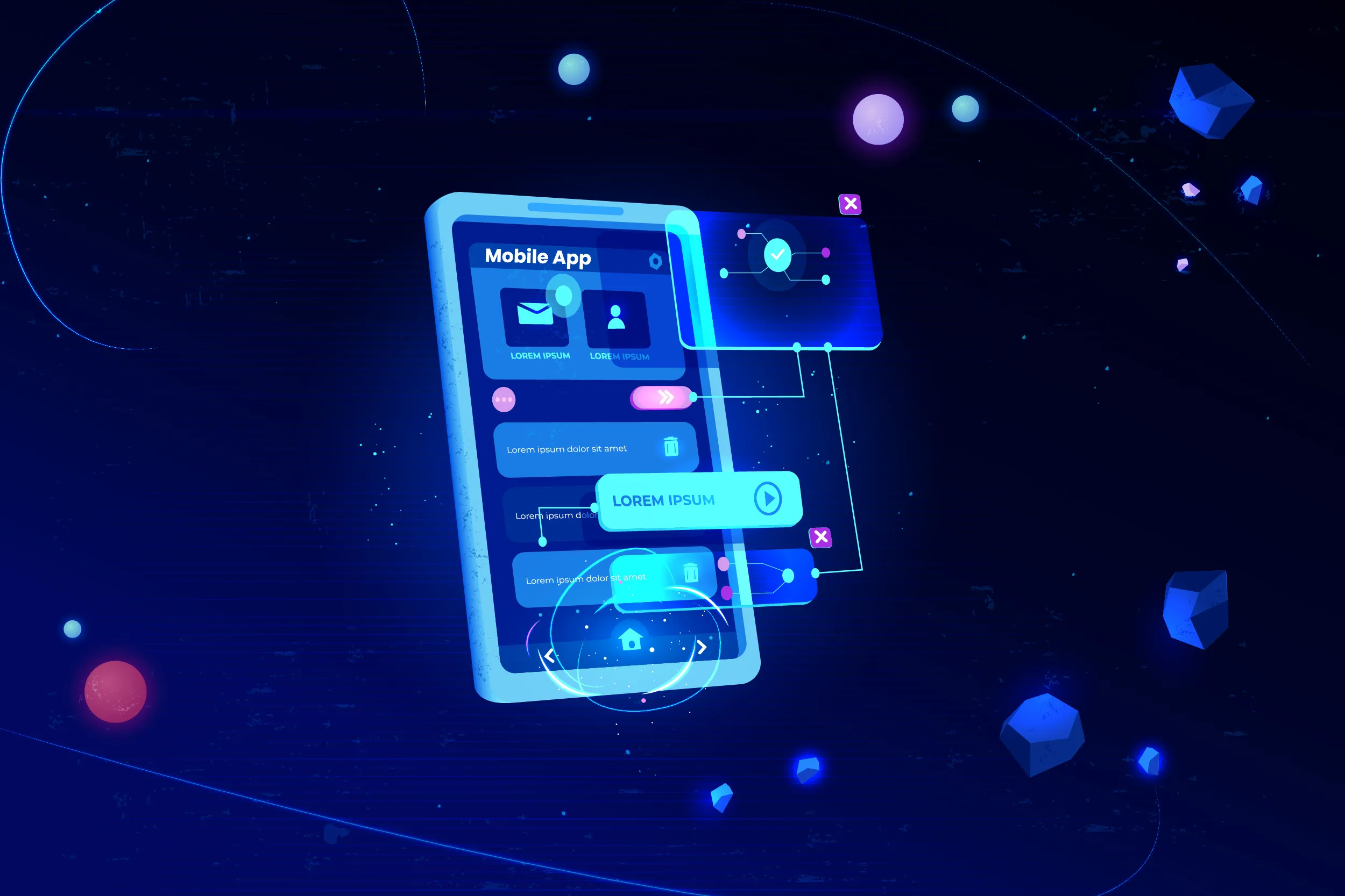 Mobile application interface design featuring interactive elements and user interface components, illustrating app development for performance and usability in a digital solutions context.