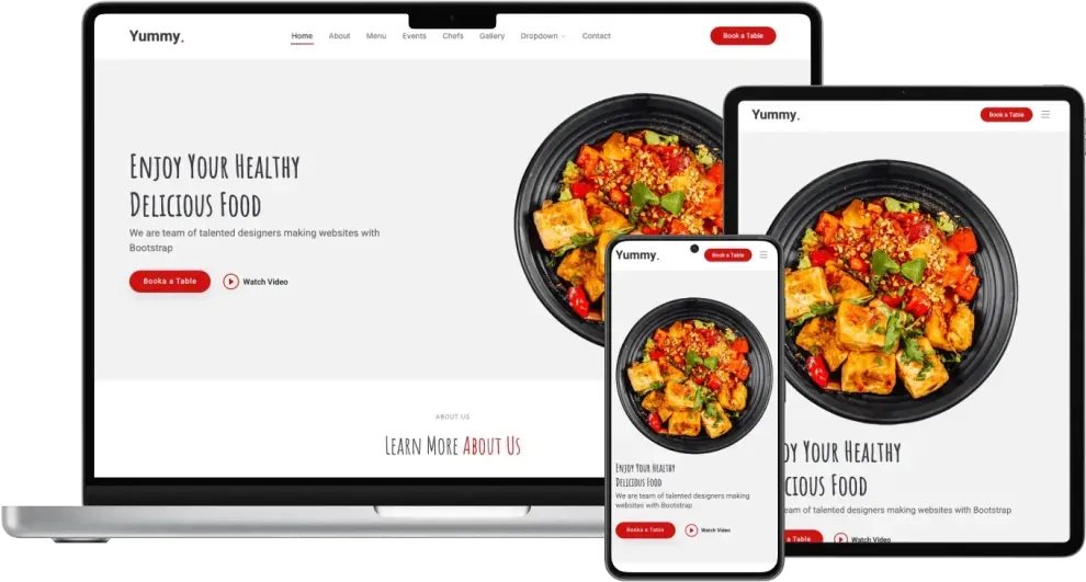 Responsive restaurant website design showcasing a colorful dish with vegetables and tofu, emphasizing digital solutions for food service growth and customer engagement.