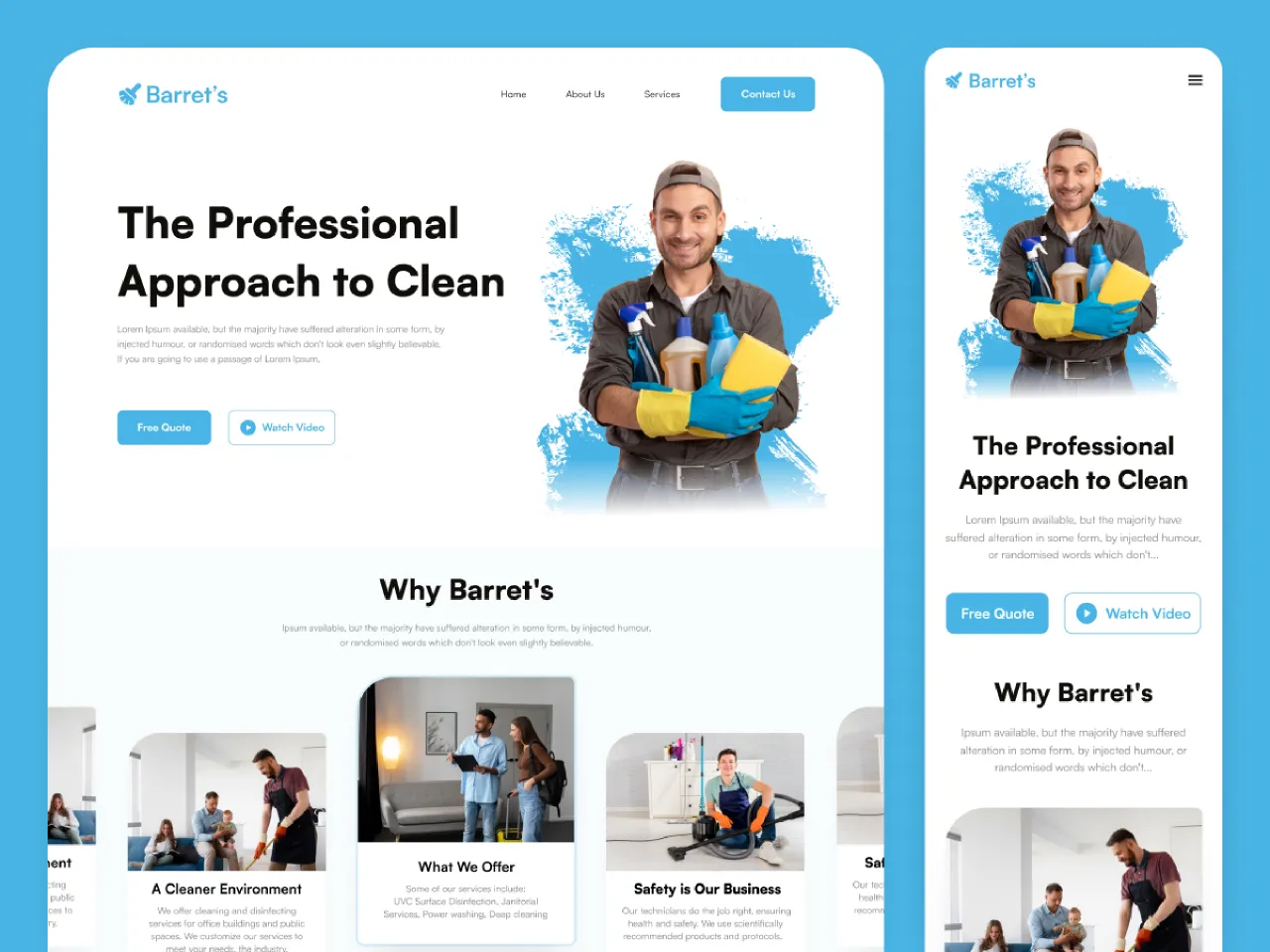 Barret's professional cleaning service website showcasing a smiling worker holding cleaning supplies and tools, emphasizing digital solutions for home service businesses.
