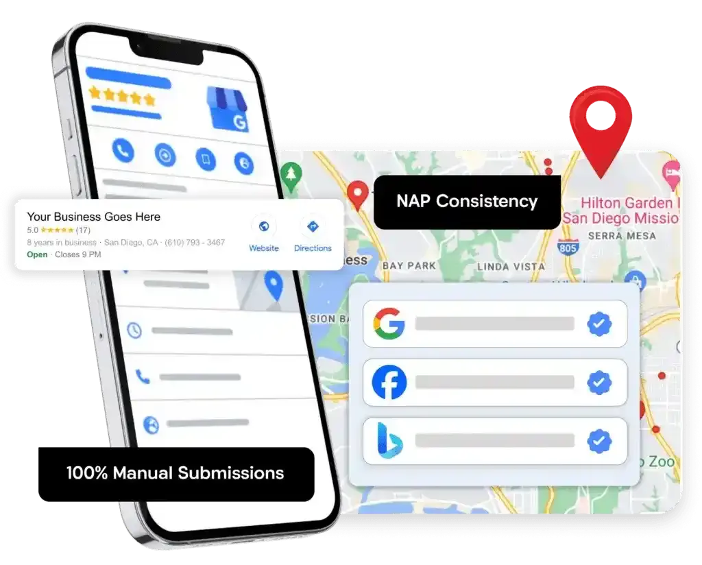 Mobile device displaying NAP (Name, Address, Phone) citation details alongside a map, emphasizing NAP consistency and manual submissions for local SEO services.