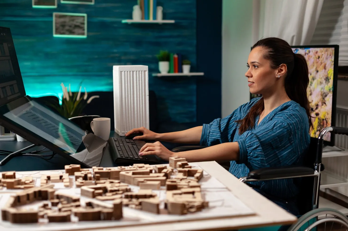 Construction engineer working on digital designs at a desk with architectural models, showcasing strategy and technology in a modern workspace.