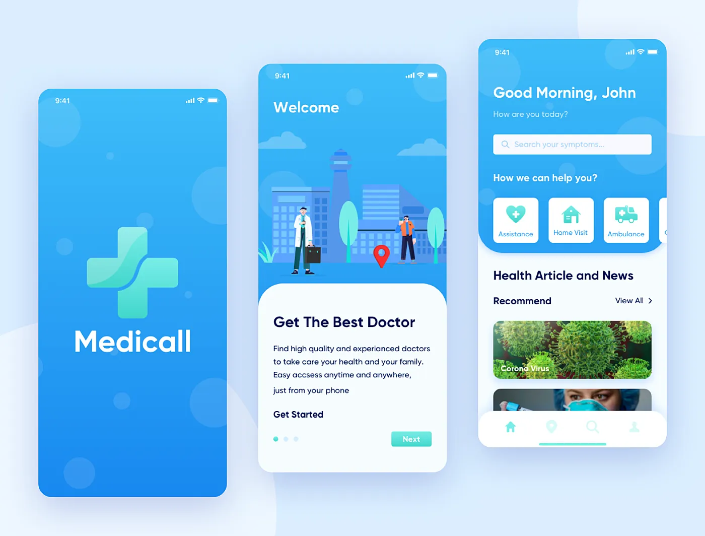 Mobile app interface for Mediacall featuring healthcare services, doctor search, and patient assistance options with a blue color scheme and user-friendly design.