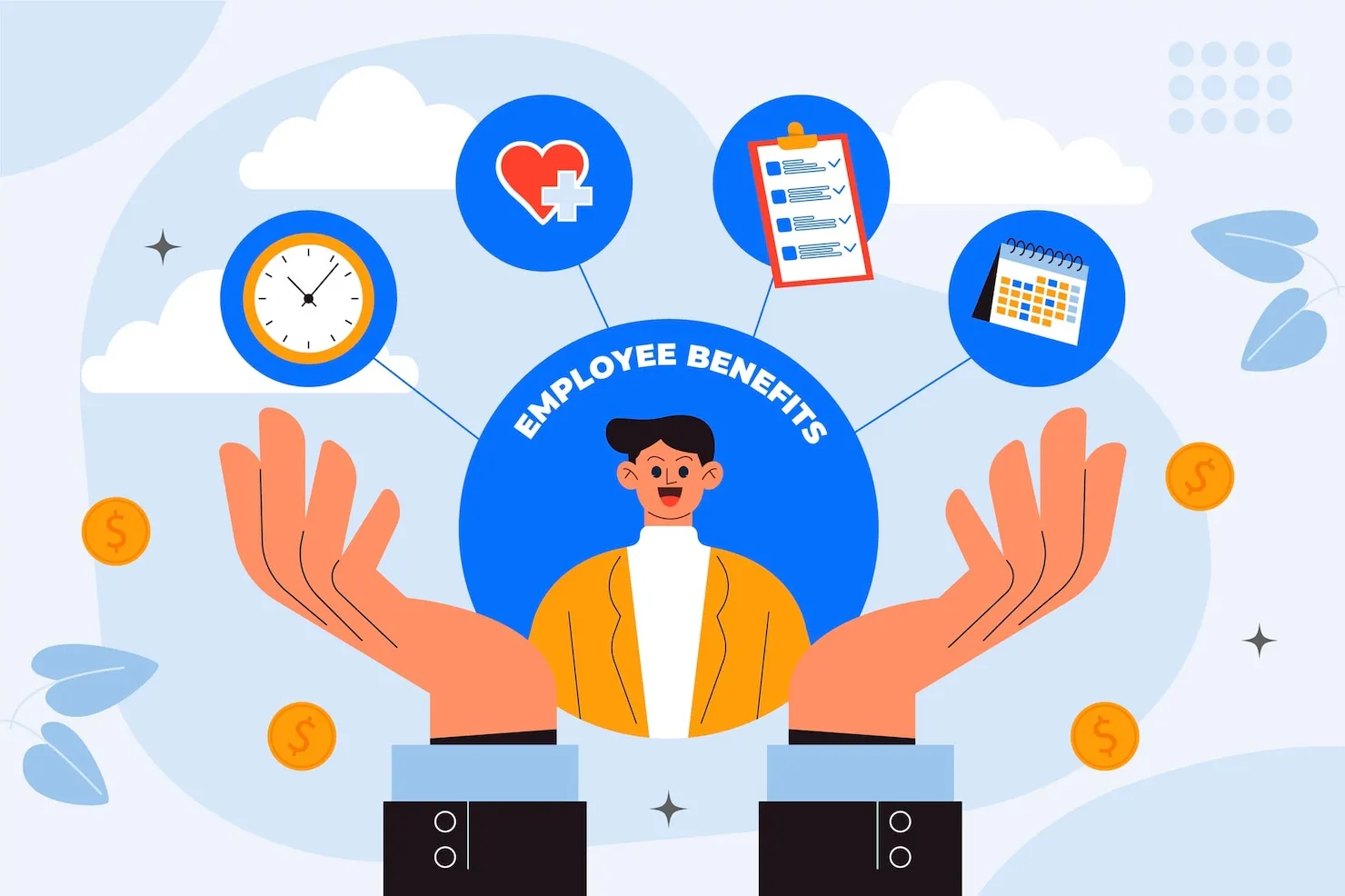 Employee benefits illustration featuring a person surrounded by icons representing health, time management, checklists, and calendars, emphasizing the importance of employee well-being and support in a digital marketing context.