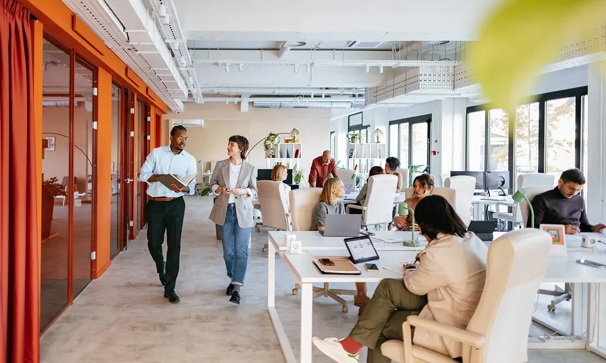 Office environment with professionals collaborating, discussing digital solutions, and engaging in various tasks, reflecting Marketania's focus on full-service digital services for business growth.