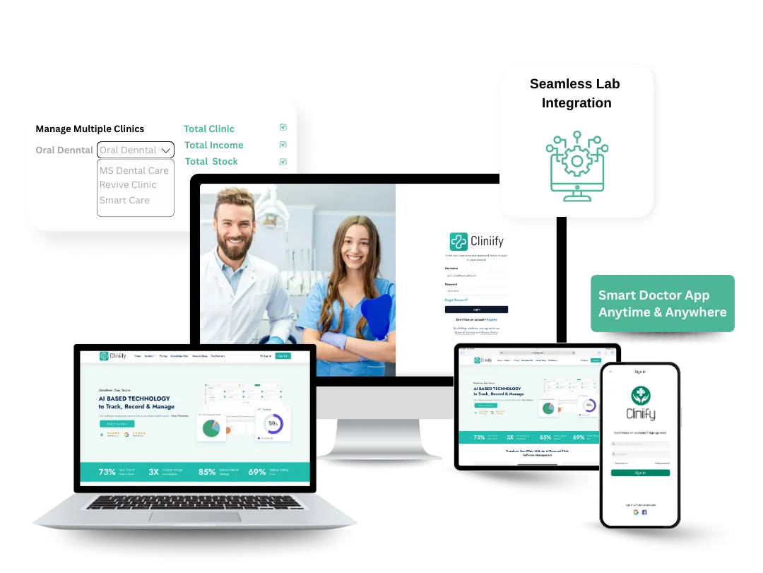 Dental professionals using digital platforms, showcasing responsive website design and smart doctor app integration for patient management and appointment scheduling.