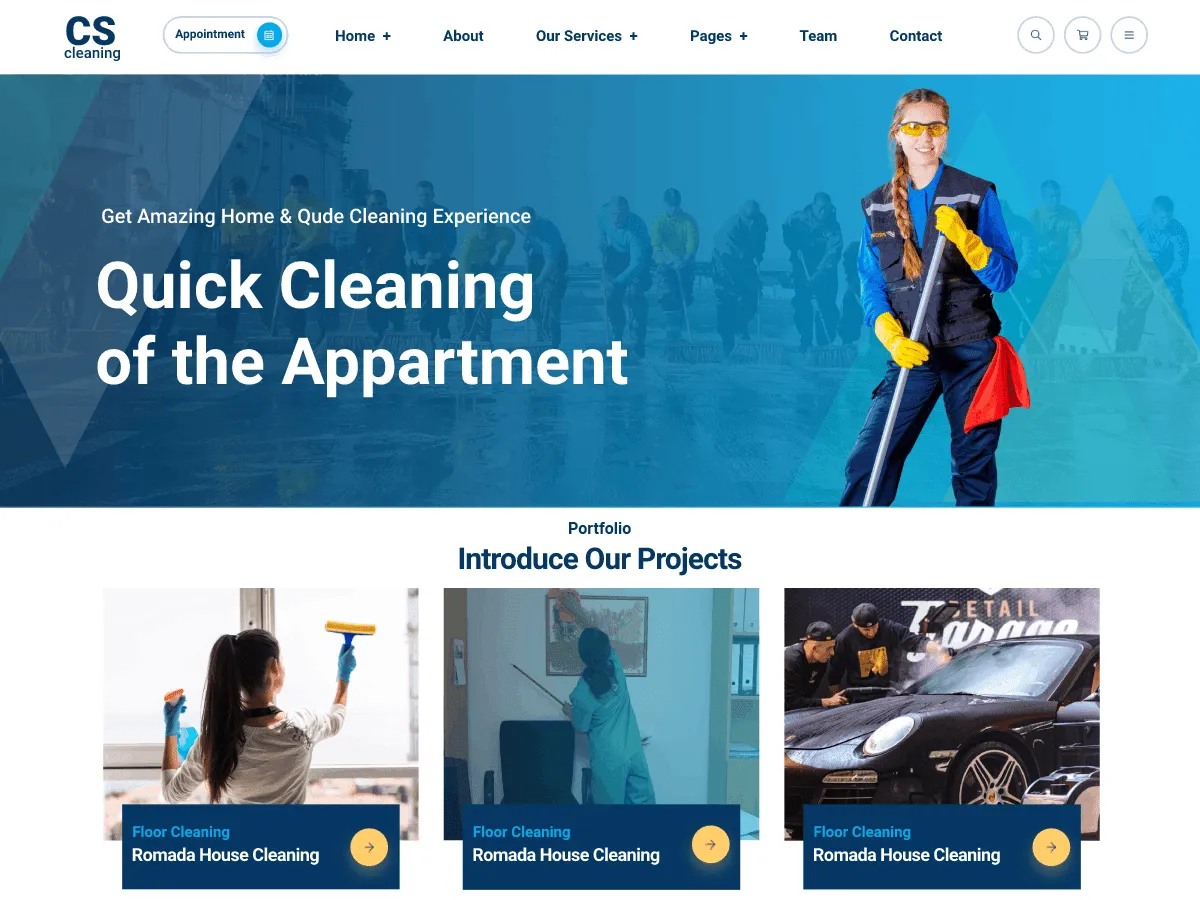 Professional cleaning service illustration featuring a woman in a blue uniform with yellow gloves, holding a cleaning tool, set against a backdrop of a busy cleaning team, emphasizing home service solutions and quick cleaning expertise.