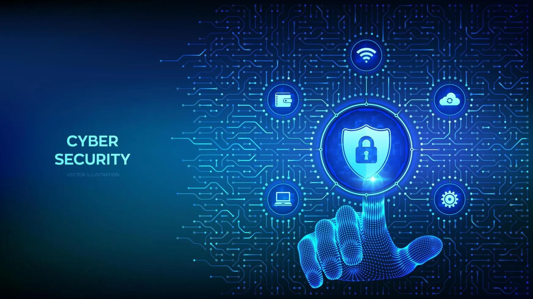 Cyber security concept with a hand reaching for a shield icon, surrounded by digital symbols representing secure connections, data protection, and technology.
