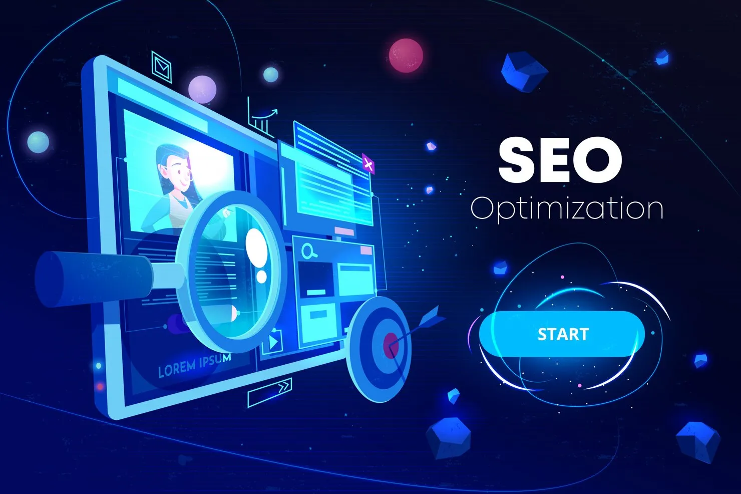 SEO optimization graphic featuring a magnifying glass over a digital screen with a character and interface elements, emphasizing website performance and technical SEO services.
