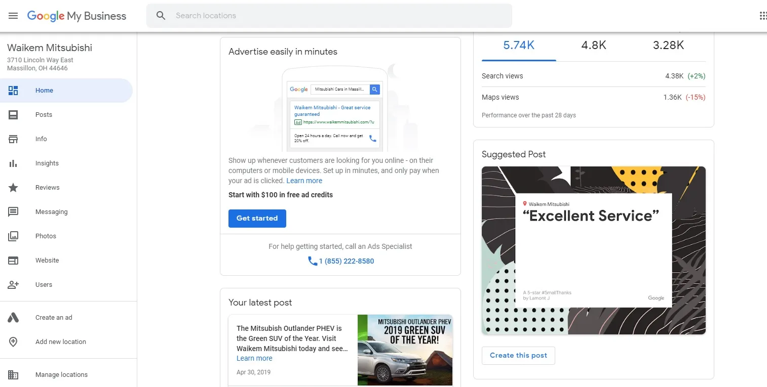 Suggested post from Waikem Mitsubishi highlighting excellent service, featuring a modern design with bold text and vibrant colors, emphasizing local engagement and visibility through Google Posts.