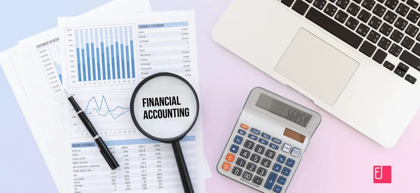 Financial accounting documents with graphs and charts, magnifying glass highlighting "Financial Accounting," calculator, and laptop, emphasizing digital solutions for accounting and financial firms.