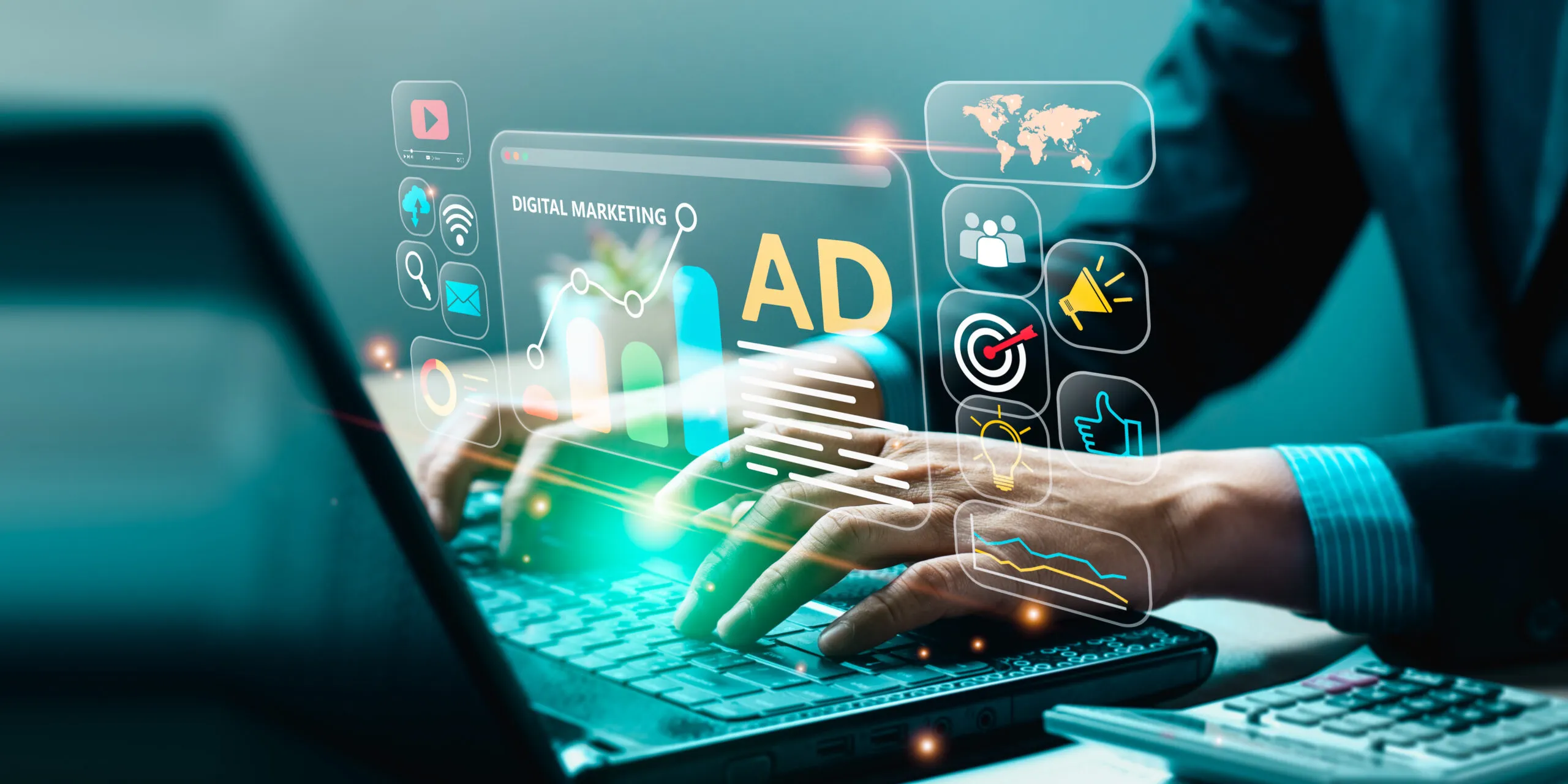 Person's hands typing on a laptop with digital marketing icons and graphs, emphasizing paid advertising strategies for business growth.