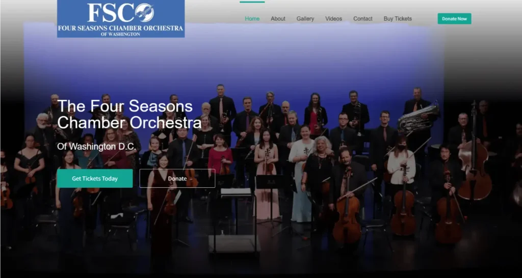 Four Seasons Chamber Orchestra of Washington ensemble performing on stage, featuring musicians with various instruments, promoting classical music excellence in D.C.