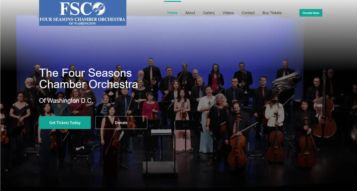 Four Seasons Chamber Orchestra of Washington performing on stage, showcasing musicians with various instruments, elegant attire, and a vibrant backdrop, reflecting classical music excellence.