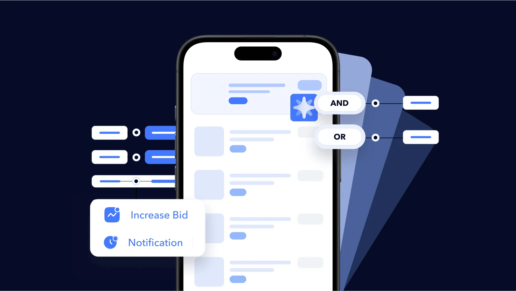 Mobile phone displaying app store optimization interface with options for increasing bids and notifications, emphasizing ASO strategies for app growth and visibility.