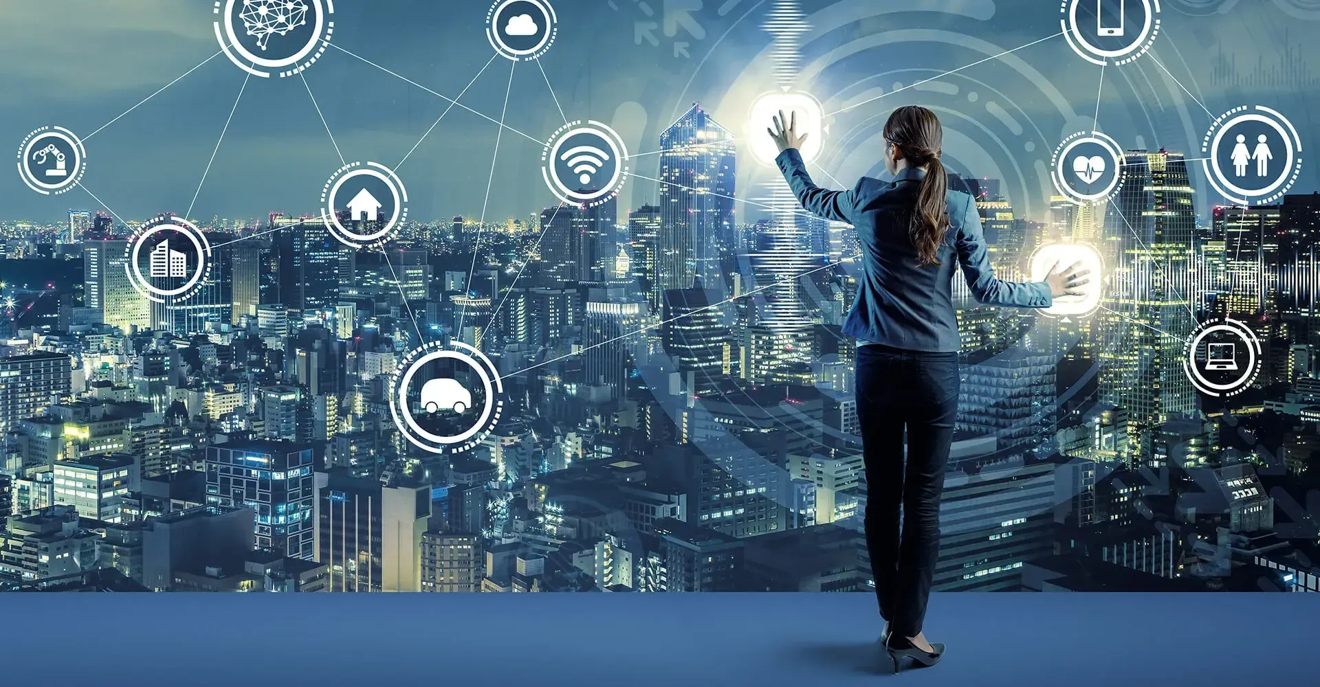 Person interacting with digital interface showcasing urban connectivity and technology icons, representing Marketania's full-service digital solutions for business growth and engagement.