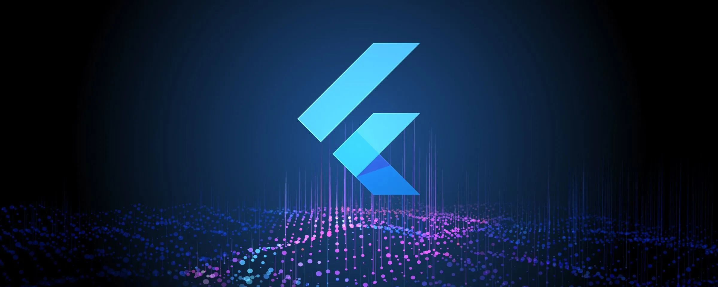 Flutter logo with a blue and teal gradient on a dark background, surrounded by abstract digital patterns, representing cross-platform app development for iOS and Android.