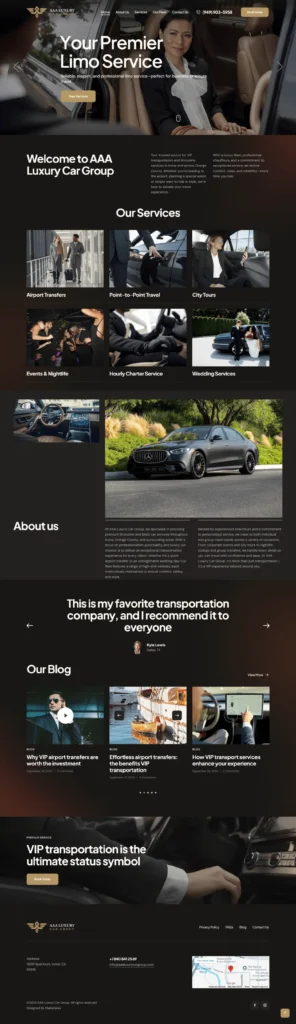 AAA Luxury Car Group website showcasing premium limousine services, featuring luxury vehicles, professional drivers, and elegant interior settings, emphasizing VIP transportation and customer experience.