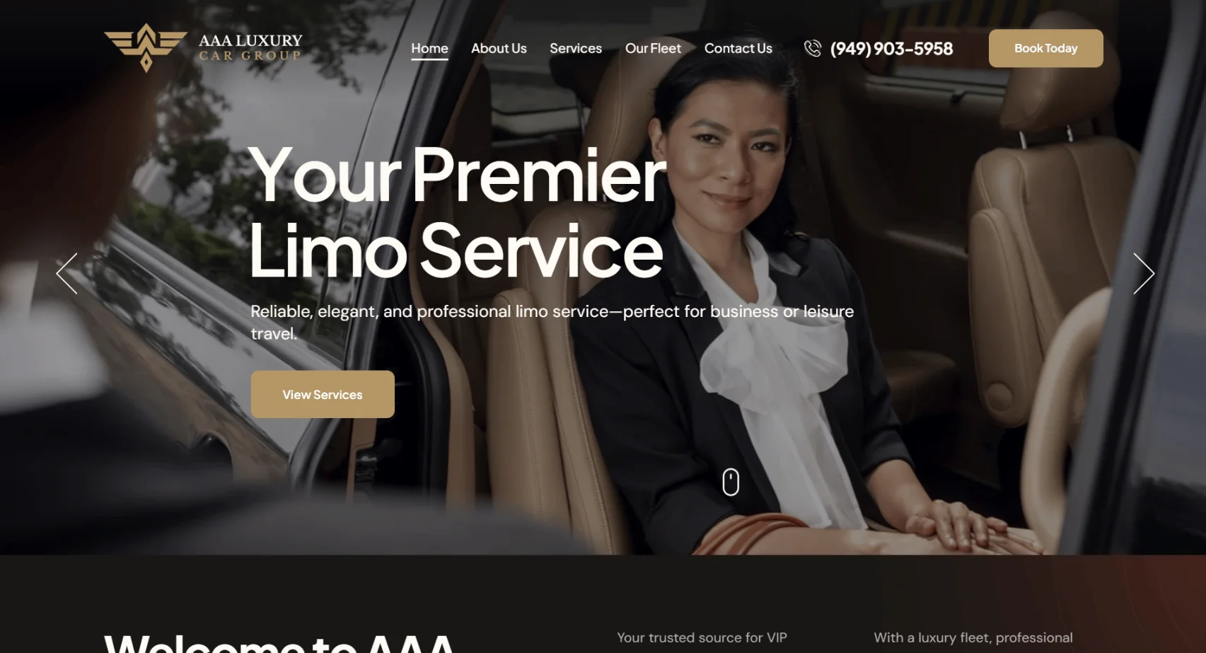 Woman in a luxury car, representing AAA Luxury Car Group's premier limo service, showcasing elegance and professionalism for VIP transportation.