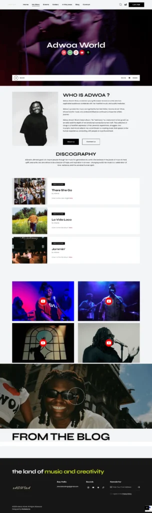 Adwoa World website showcasing Adwoa Ansah-Brew's music journey, featuring elegant design elements, audio players, and vibrant imagery celebrating creativity and global connection.