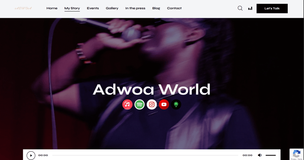 Adwoa World website homepage featuring Adwoa Ansah-Brew performing live, showcasing music creativity and artistic expression with audio player and social media icons.