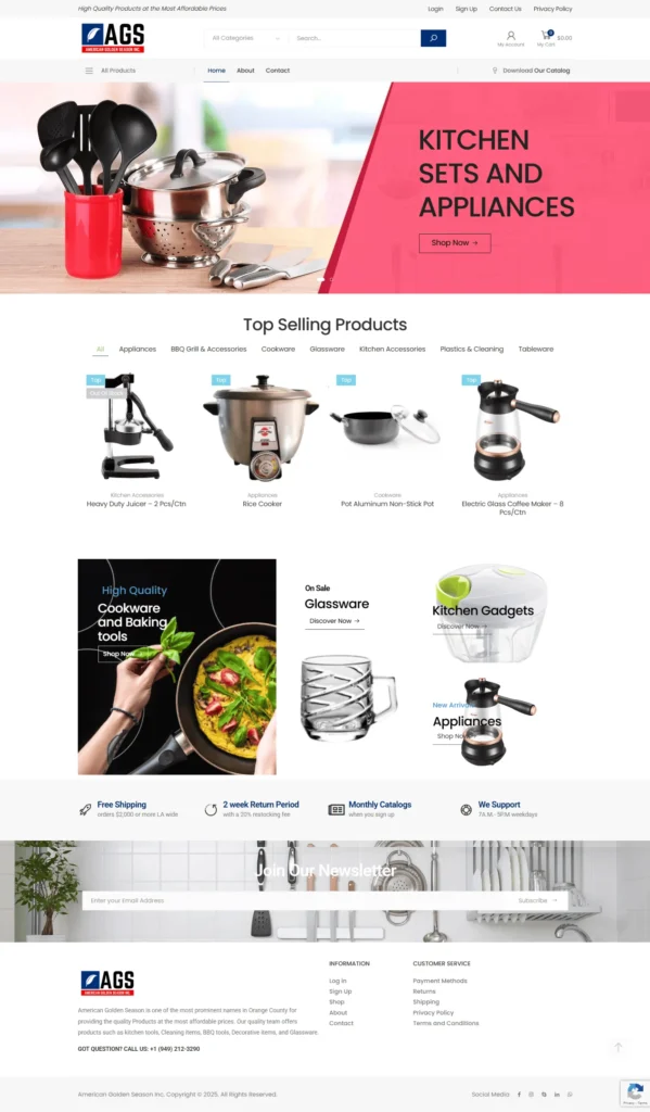 Kitchen products display featuring pots, utensils, and appliances on American Golden Season eCommerce website, emphasizing high-quality kitchen sets and affordable prices.