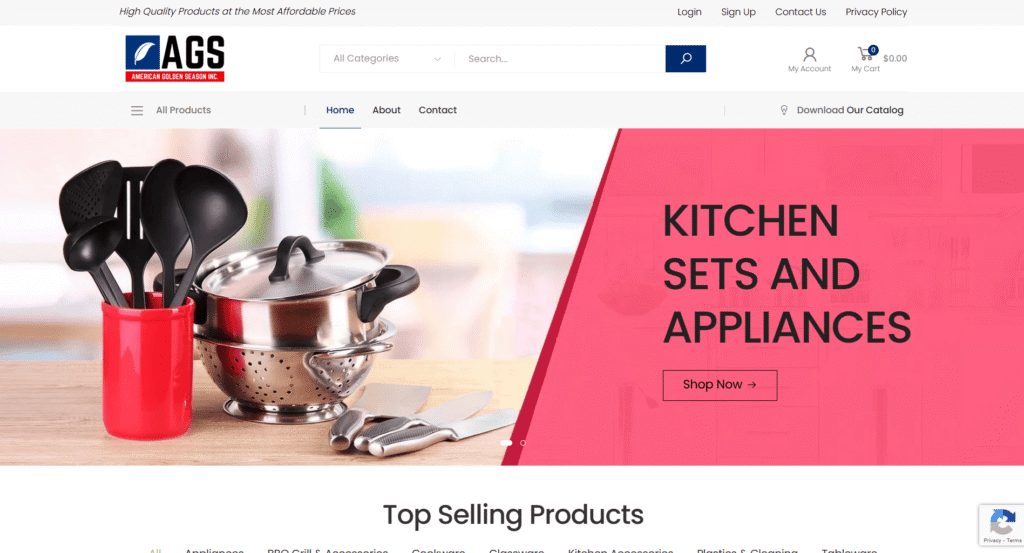 Image of kitchen utensils and cookware, featuring a red cup with cooking tools, a stainless steel pot, and a colander, highlighting American Golden Season's kitchen sets and appliances for eCommerce.