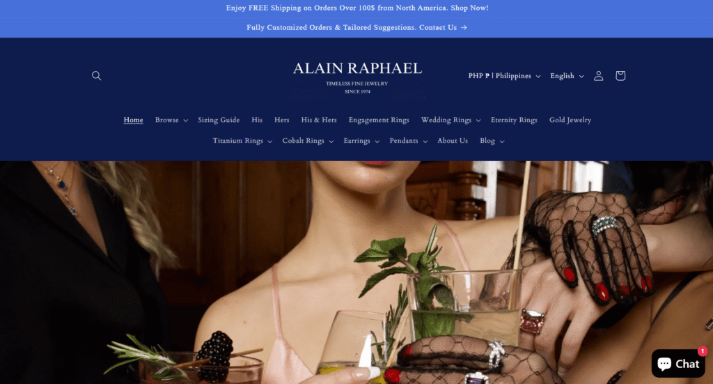 Elegant women showcasing luxury jewelry from Alain Raphaël, featuring intricate rings and stylish attire, set against a sophisticated backdrop.