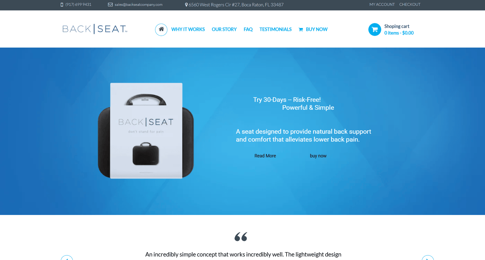 Back|Seat eCommerce website showcasing innovative back pain relief solution with product information and benefits.