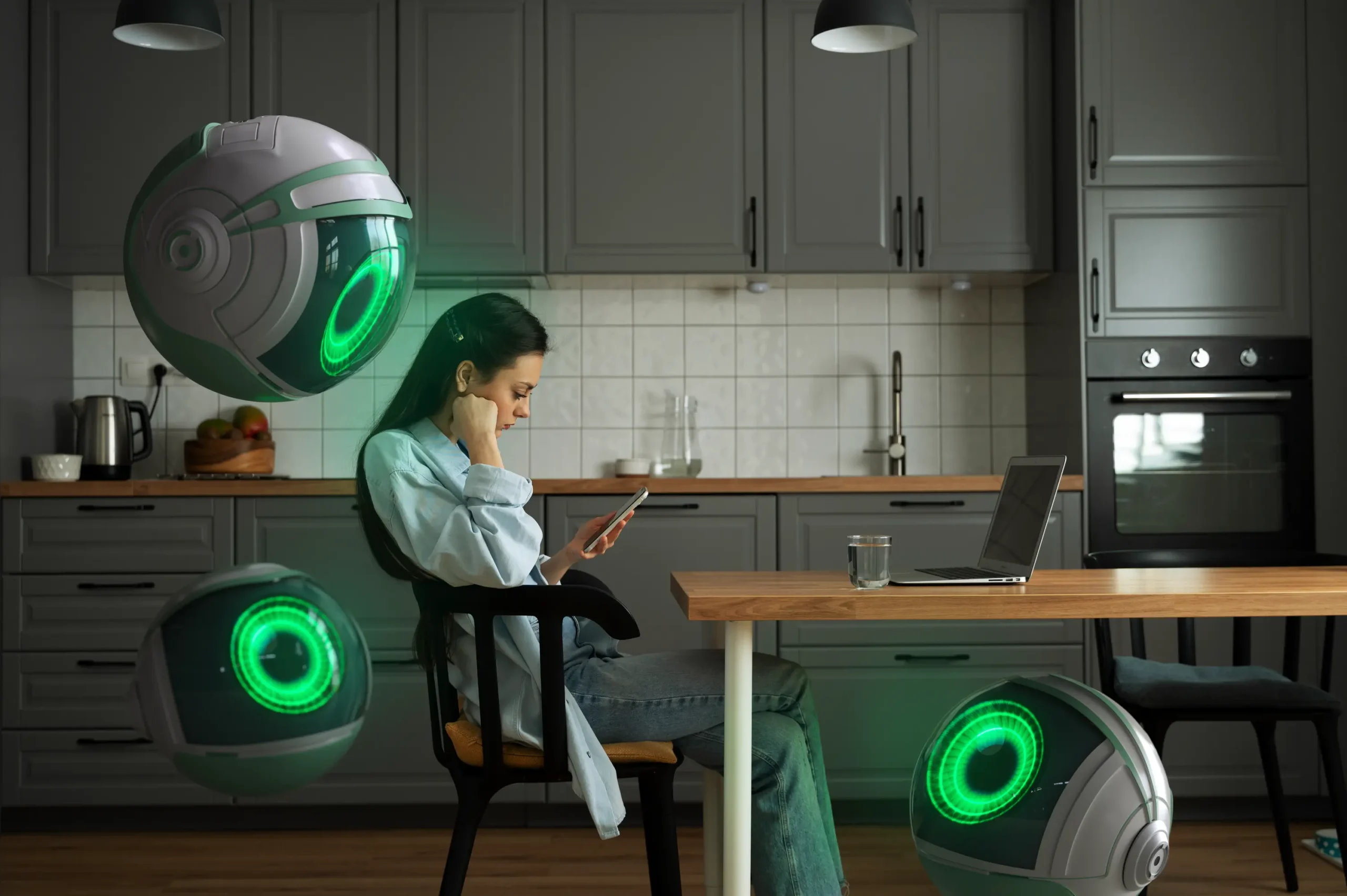 Woman sitting at a kitchen table using a smartphone, with futuristic green-lit robotic assistants hovering nearby, illustrating advanced AI technology and customer interaction.