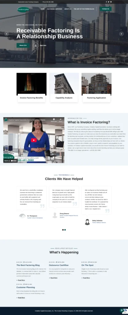 Creative Capital Associates website showcasing nationwide invoice factoring services, featuring a professional interface and client testimonials, designed for cash flow management and financial flexibility.