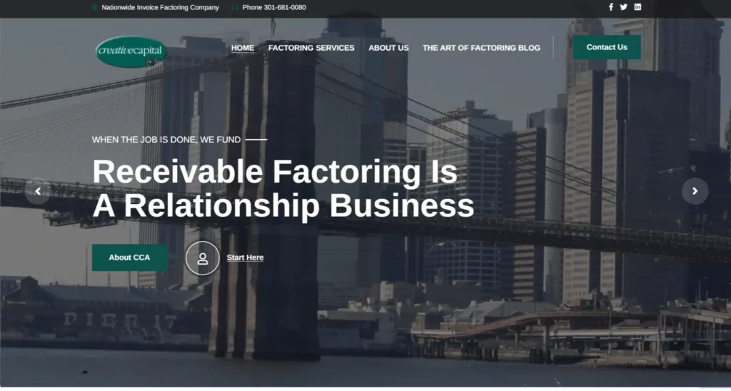 Creative Capital Associates website homepage showcasing invoice factoring services, featuring the tagline "Receivable Factoring Is A Relationship Business," with a city skyline and bridge in the background.