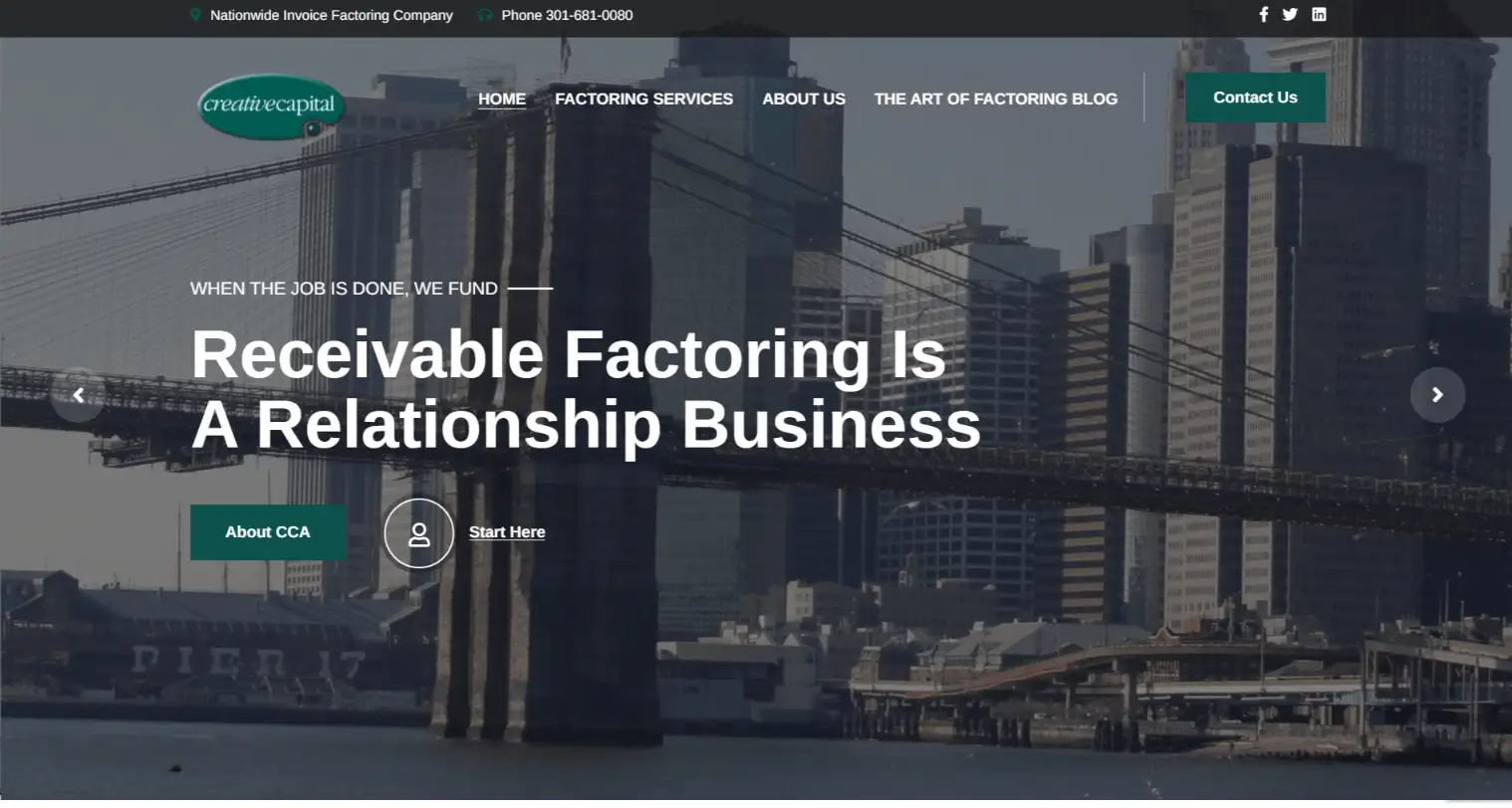 Creative Capital Associates website homepage featuring skyline backdrop, highlighting nationwide invoice factoring services with emphasis on client relationships and financial solutions.