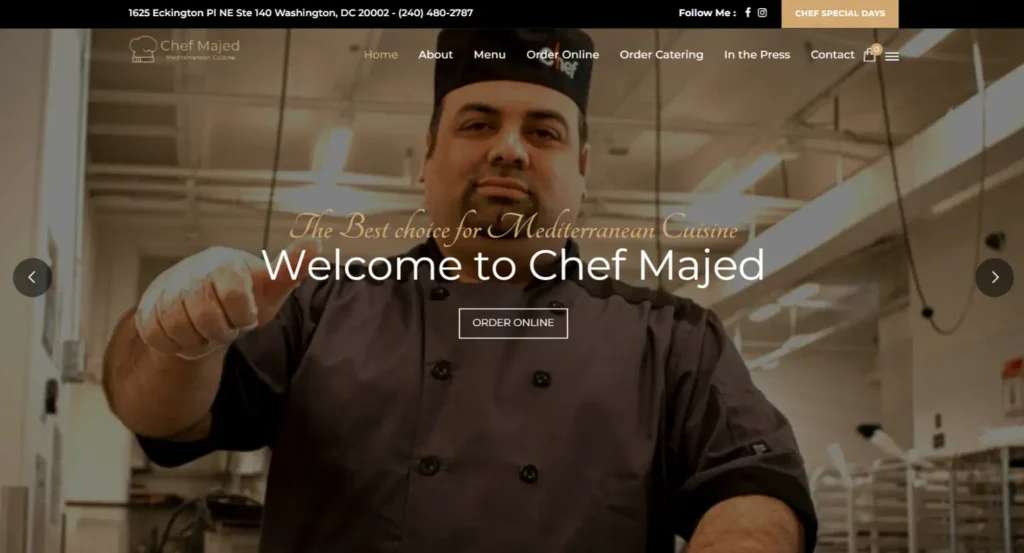 Chef Majed in a chef's uniform welcoming customers, emphasizing Mediterranean cuisine and online ordering options.