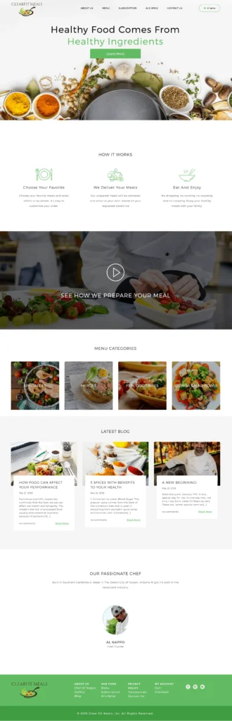 ClearFit Meals homepage showcasing fresh ingredients, meal preparation process, and healthy meal options, emphasizing a clean design and user-friendly navigation for meal subscriptions.