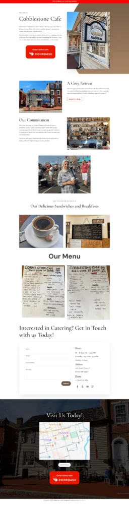 Cobblestone Cafe exterior sign showcasing a warm and inviting atmosphere, emphasizing breakfast, lunch, and coffee offerings in Dover, DE.