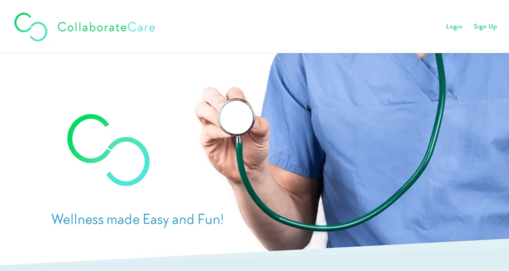 Collaborate Care logo with stethoscope, emphasizing digital health and wellness services, promoting easy and fun wellness solutions.