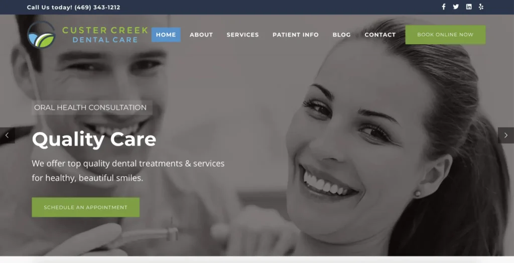 Custer Creek Dental Care website homepage featuring a smiling patient during an oral health consultation, emphasizing quality dental care services for healthy smiles.