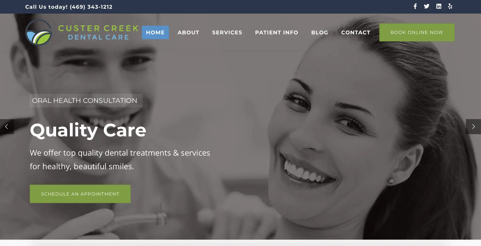 Custer Creek Dental Care homepage featuring a smiling patient receiving oral health consultation, emphasizing quality dental care and services for healthy smiles.