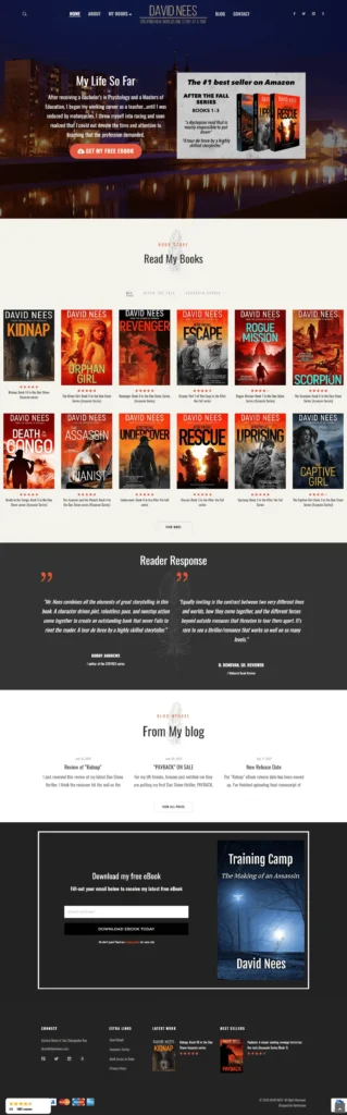 David Nees author website homepage showcasing book covers, organized bookstore, and engaging reader content.