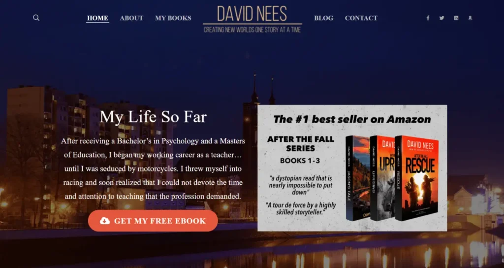 David Nees author website homepage featuring book series "After the Fall," personal journey section titled "My Life So Far," and call-to-action button for free eBook downloads.