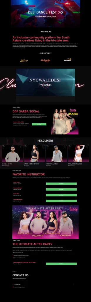 Desi Dance Fest 3.0 promotional graphic featuring vibrant colors and text highlighting event details, organized by NYCWaleDesi for South Asian creatives in the tri-state area, scheduled for October 4-5, 2024.