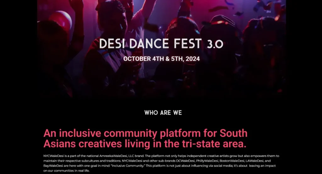 Desi Dance Fest 3.0 promotional image featuring vibrant crowd celebrating South Asian creativity, event details including date and community focus, October 4th and 5th, 2024.