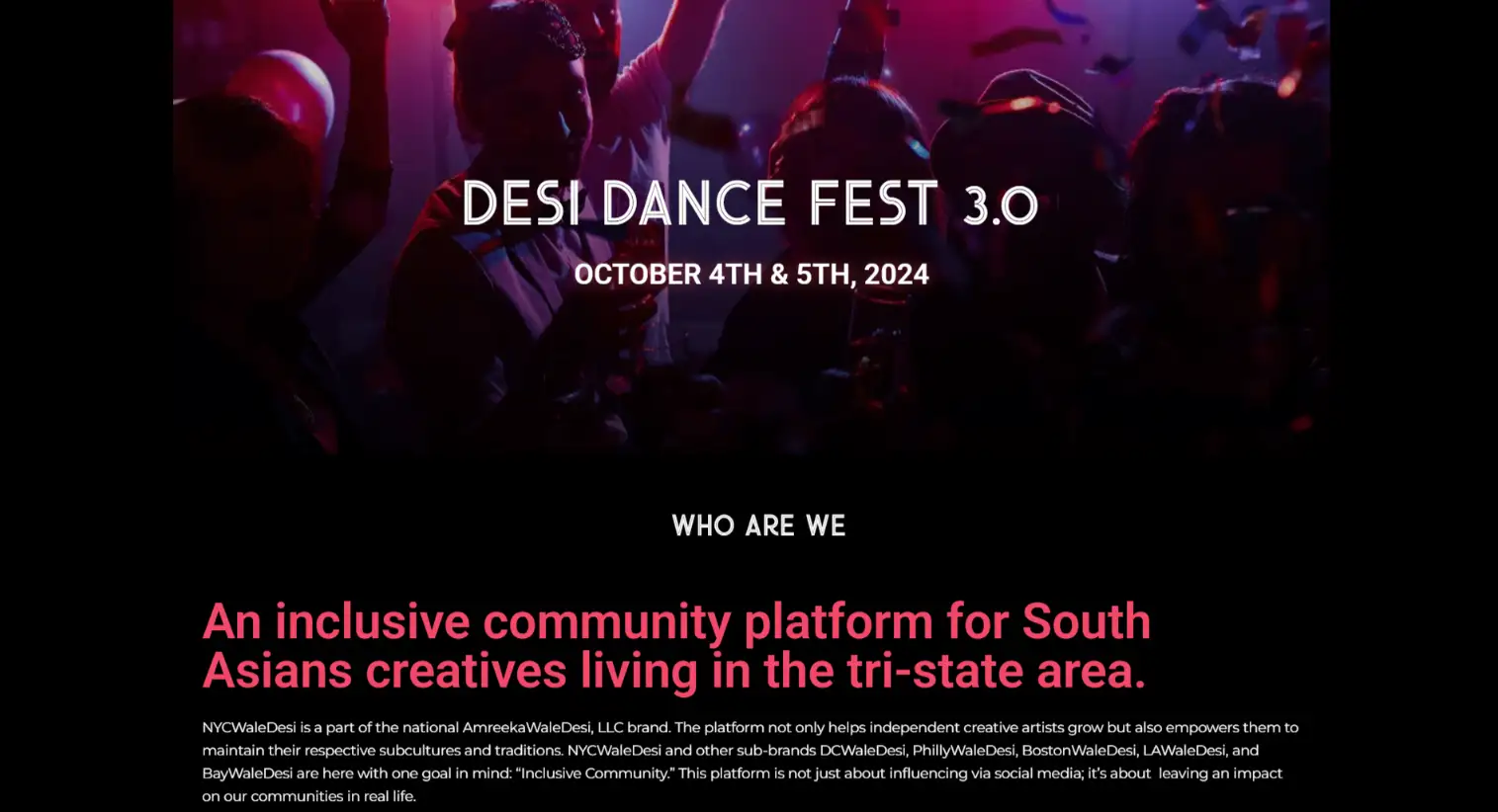 Crowd celebrating at Desi Dance Fest 3.0, featuring vibrant lighting and energetic atmosphere, promoting South Asian creativity and community engagement on October 4th and 5th, 2024.
