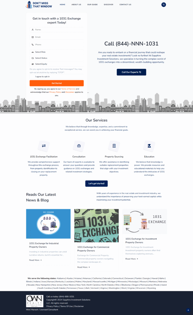 Mobile app interface for 'Don't Miss That Window', showcasing features for 1031 exchange services, including consultation requests and property sourcing tools, designed for seamless user experience on iOS and Android.