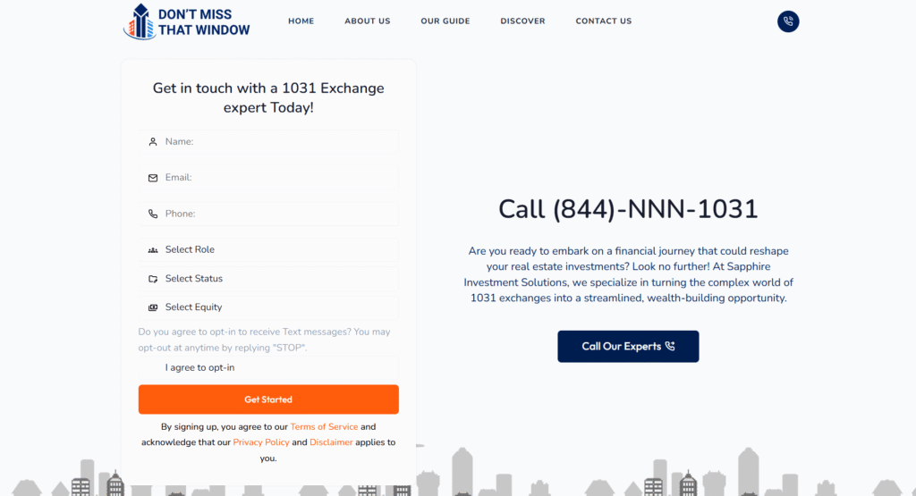 Mobile app interface for 'Don't Miss That Window', featuring 1031 exchange consultation form and contact information, emphasizing user engagement and investment opportunities.