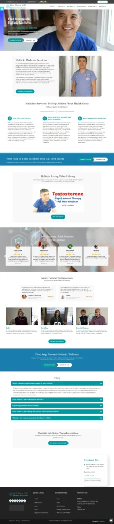 Fred Bloem, MD, smiling in a blue scrubs shirt, promoting holistic medicine services focusing on integrative healthcare and patient wellness.