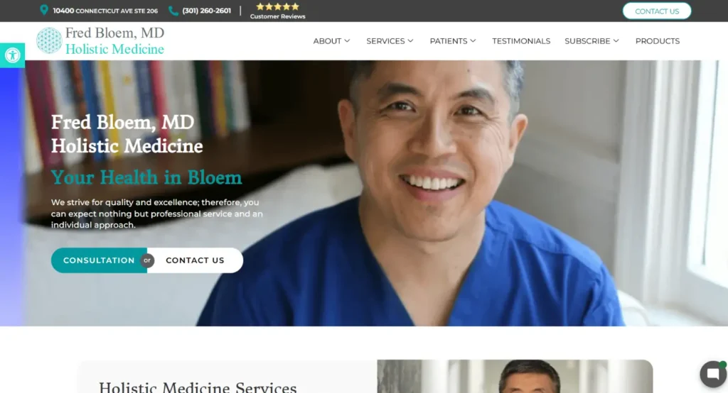 Fred Bloem, MD, smiling in a blue medical scrubs, holistic medicine setting with books in the background, promoting integrative healthcare services.
