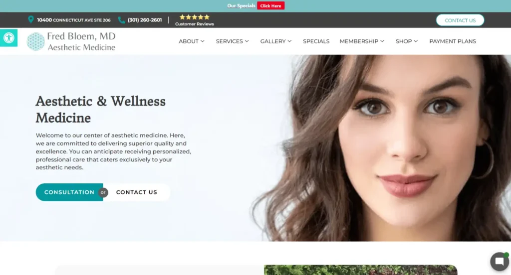Woman with natural makeup and wavy hair, featured on Dr. Fred Bloem's Aesthetic & Wellness website, representing personalized aesthetic and wellness services.